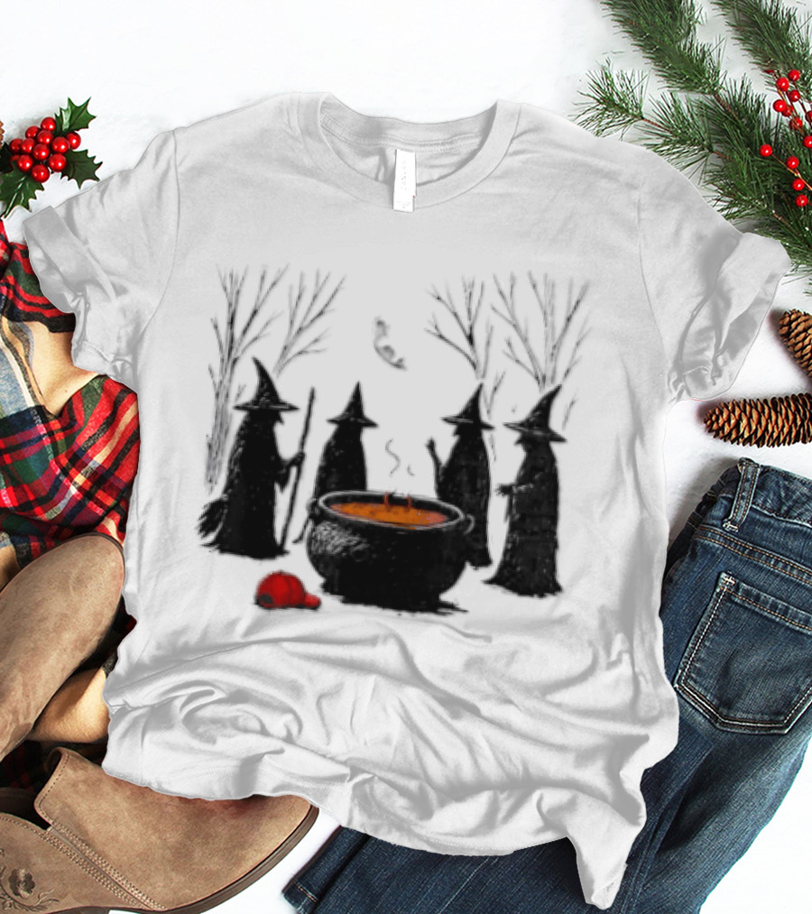 Witches Gathering Around Cauldron And Red Hat Halloween Scene T-Shirt