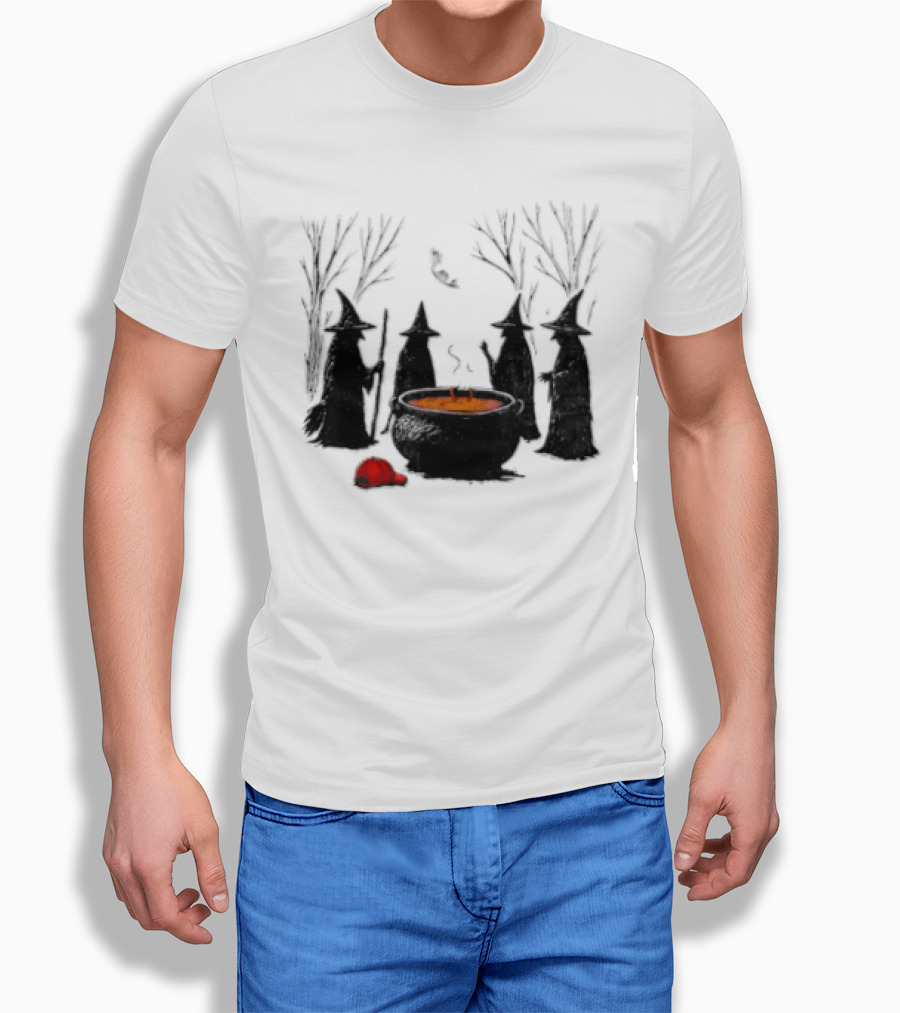 Witches Gathering Around Cauldron And Red Hat Halloween Scene T-Shirt