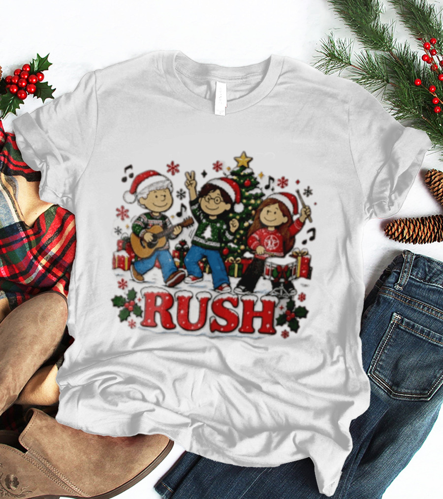 Rush Christmas Cartoon Characters Playing Instruments Festive Holiday Scene T-Shirt