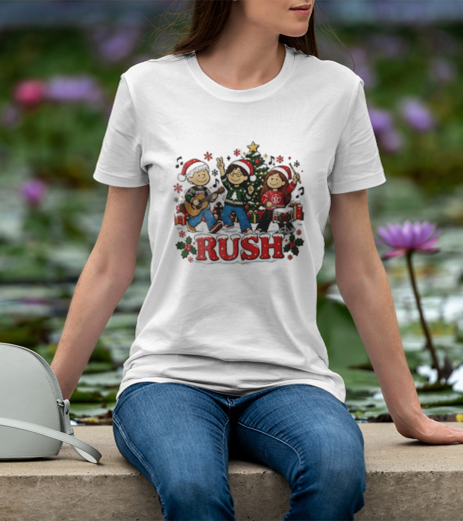 Rush Christmas Cartoon Characters Playing Instruments Festive Holiday Scene T-Shirt