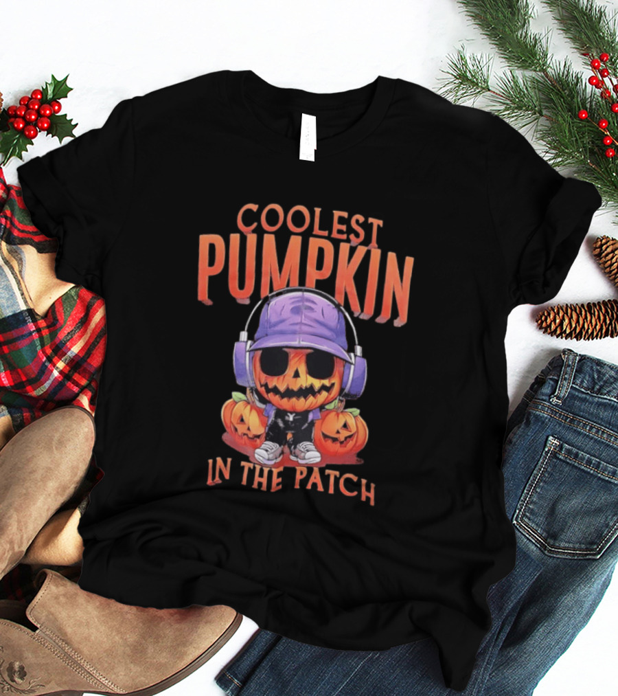 Coolest Pumpkin In The Patch Halloween Pumpkin With Headphones And Sunglasses T-Shirt