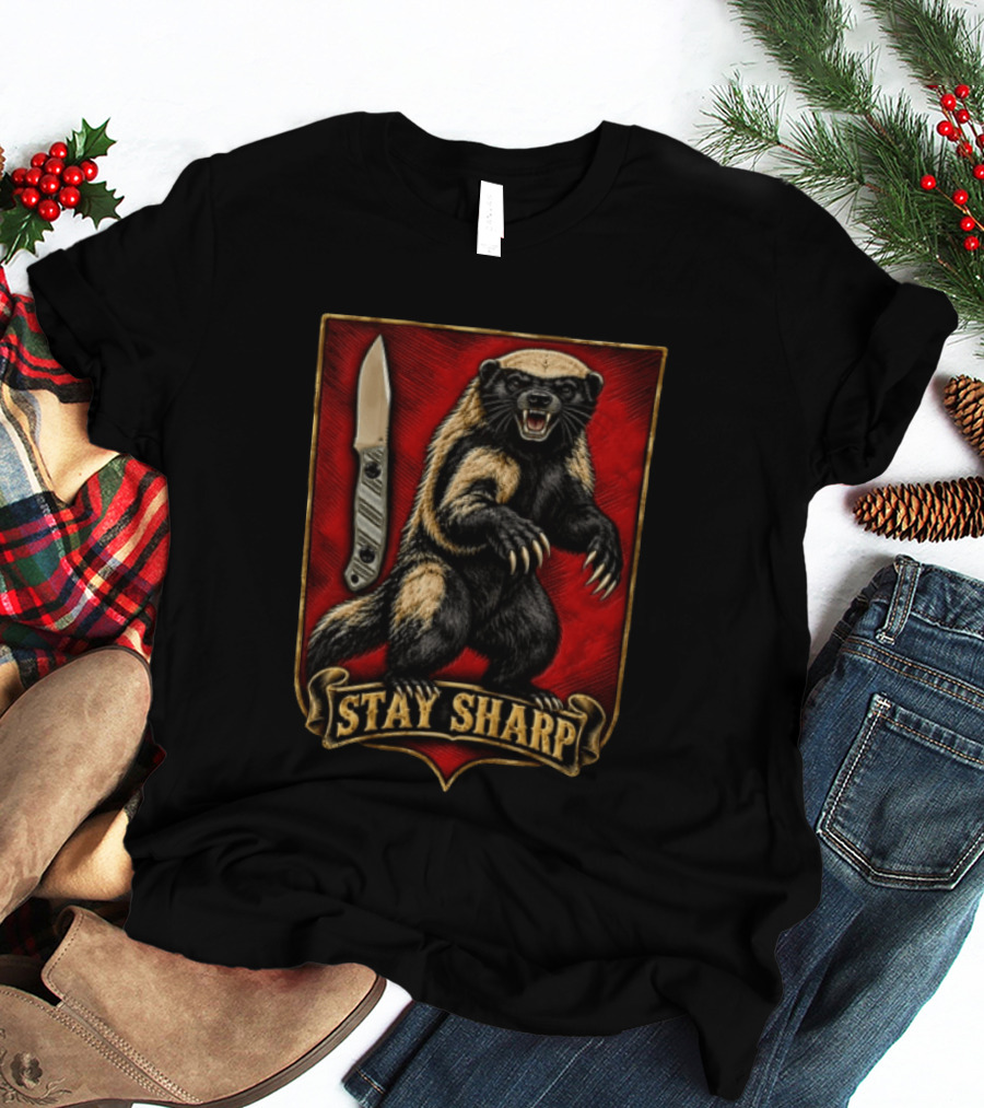Stay Sharp Wolverine Knife Red Shield T-Shirt