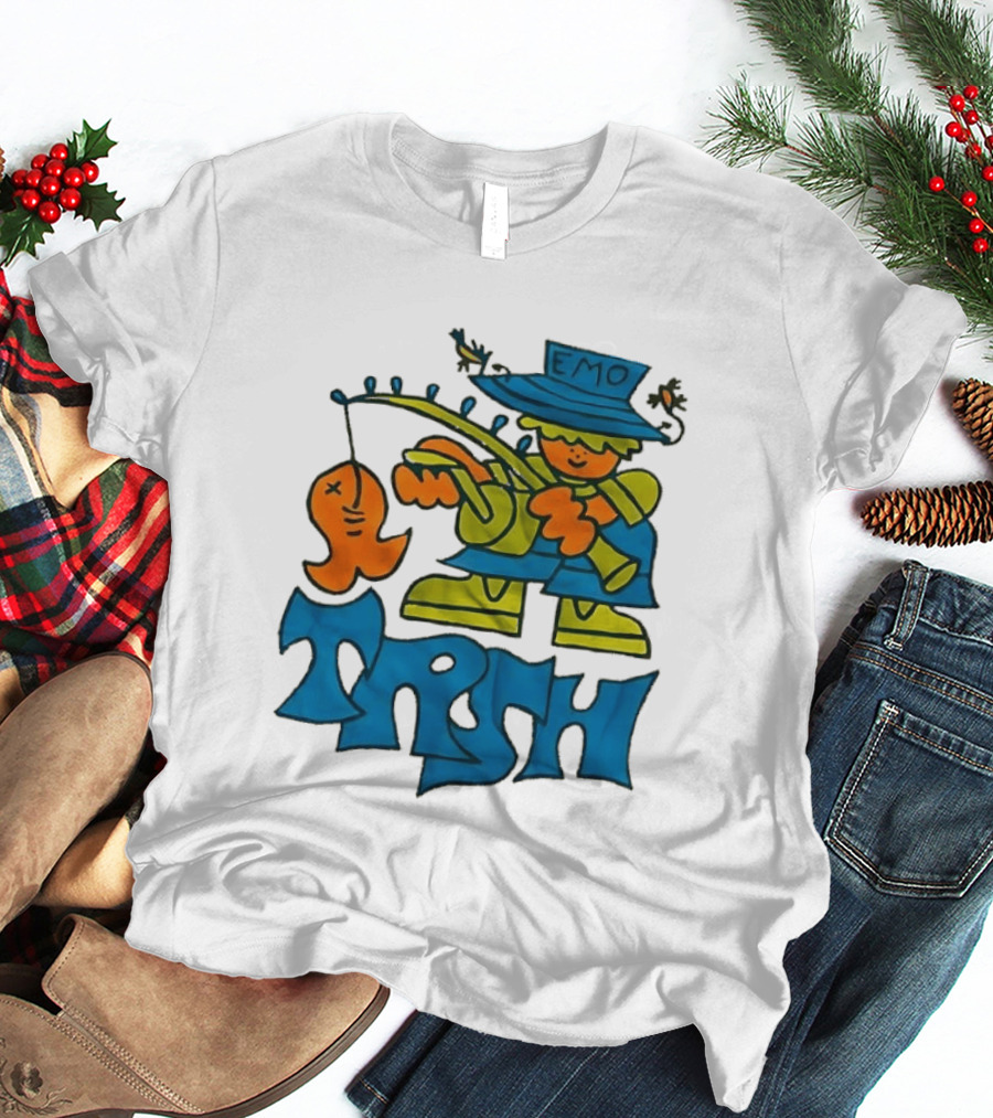Emo Trsh Cartoon Fisherman Catching Orange Fish Wearing Blue And Green Outfit T-Shirt