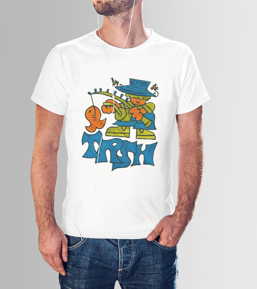 Emo Trsh Cartoon Fisherman Catching Orange Fish Wearing Blue And Green Outfit T-Shirt