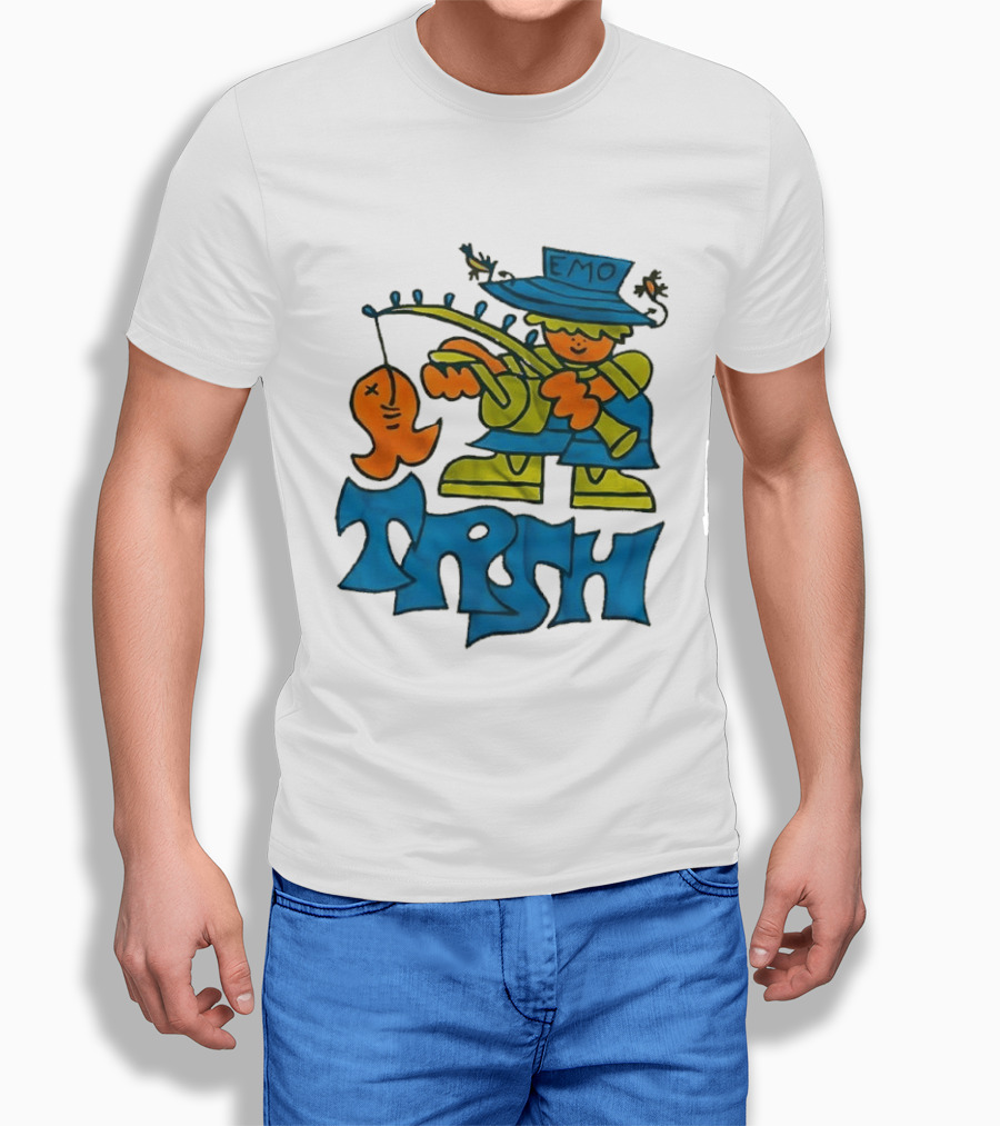 Emo Trsh Cartoon Fisherman Catching Orange Fish Wearing Blue And Green Outfit T-Shirt