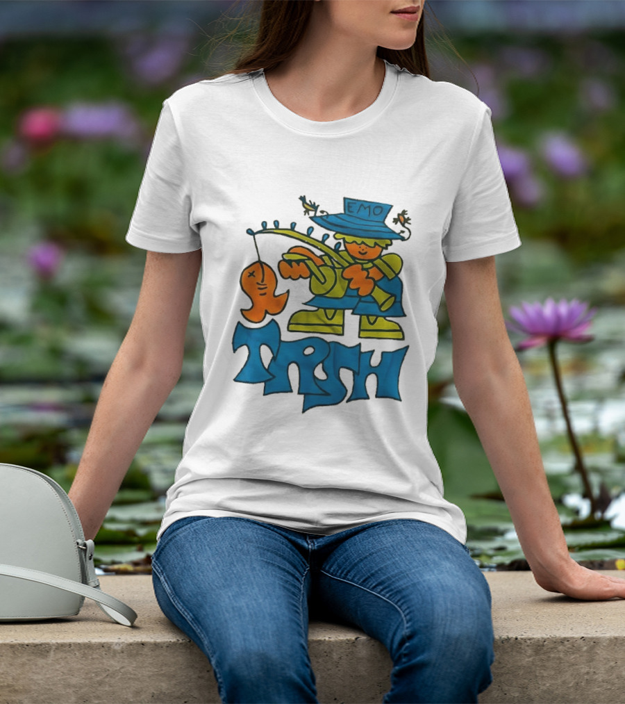 Emo Trsh Cartoon Fisherman Catching Orange Fish Wearing Blue And Green Outfit T-Shirt