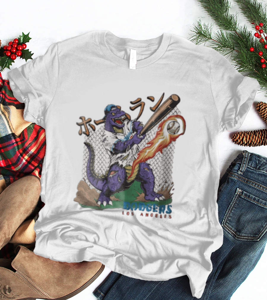 Dodgers Los Angeles Purple Dinosaur Baseball Player Batting With Flaming Ball T-Shirt