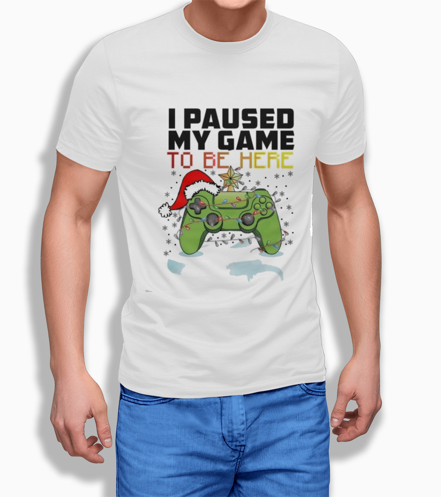 I Paused My Game To Be Here Christmas Gamer Controller Holiday Lights Santa Hat T-Shirt