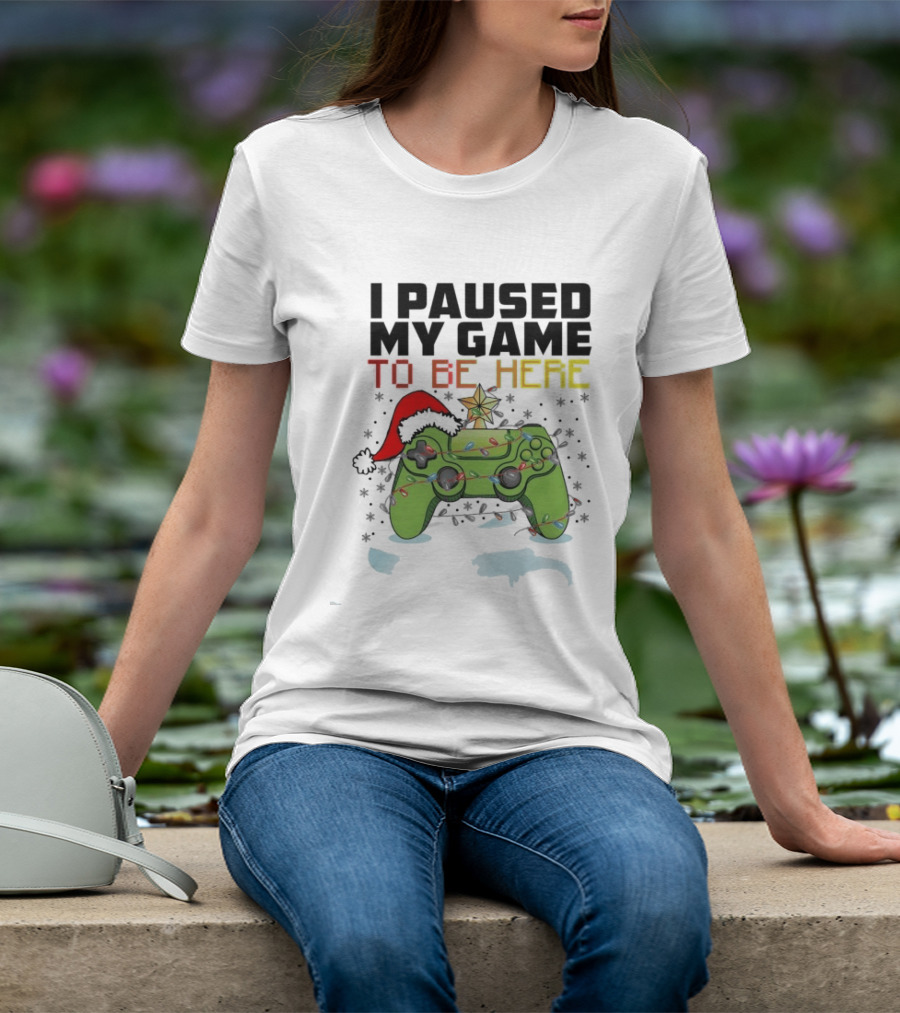 I Paused My Game To Be Here Christmas Gamer Controller Holiday Lights Santa Hat T-Shirt
