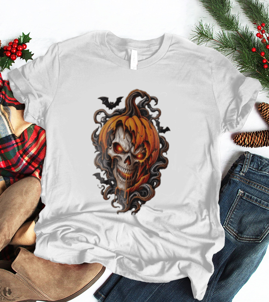 Skull Rage Halloween Pumpkin With Bats And Flames T-Shirt