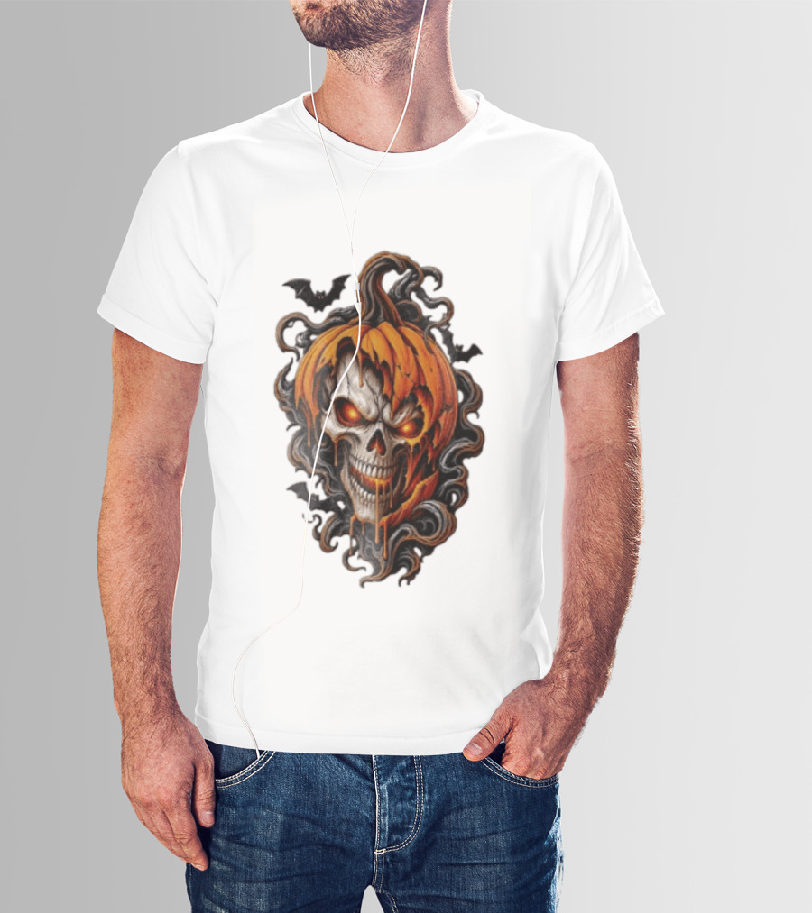Skull Rage Halloween Pumpkin With Bats And Flames T-Shirt