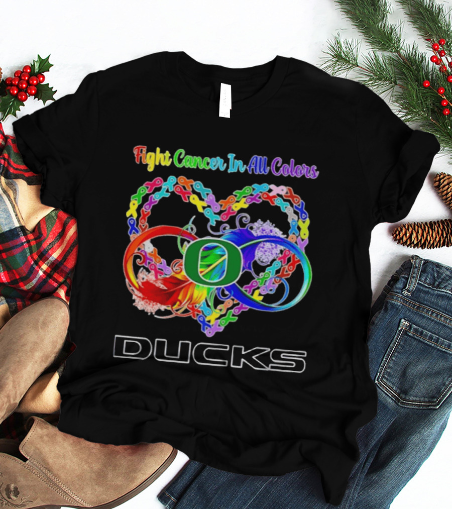 Oregon Ducks Fight Cancer In All Colors All Cancer Awareness Ribbon Heart T-Shirt
