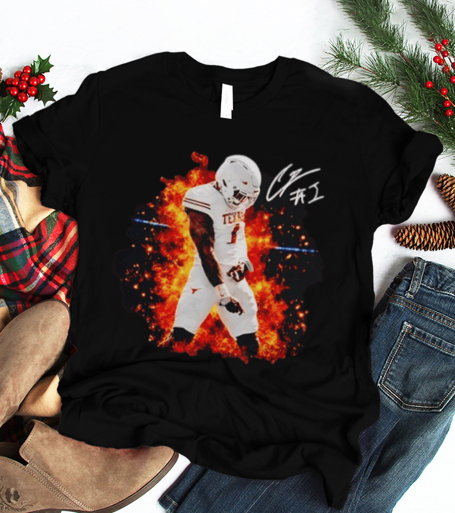 Colin Simmons Texas Longhorns Football Flames And Signature T-Shirt
