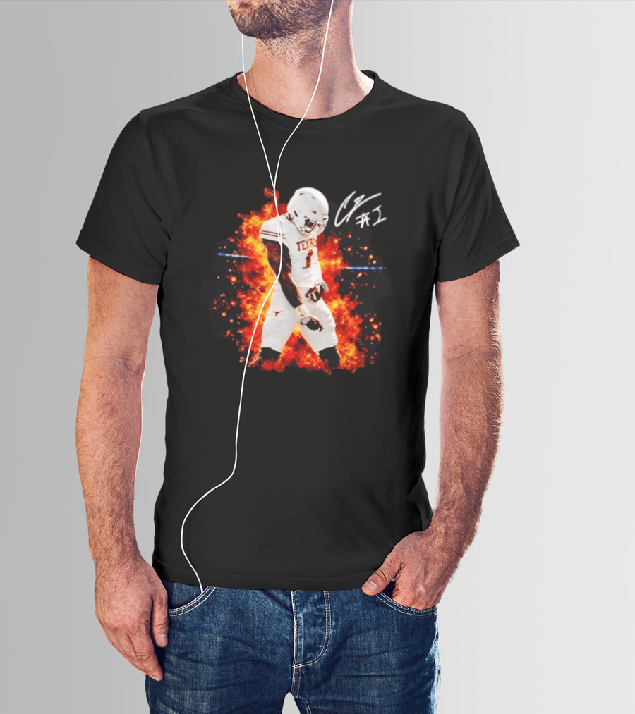 Colin Simmons Texas Longhorns Football Flames And Signature T-Shirt