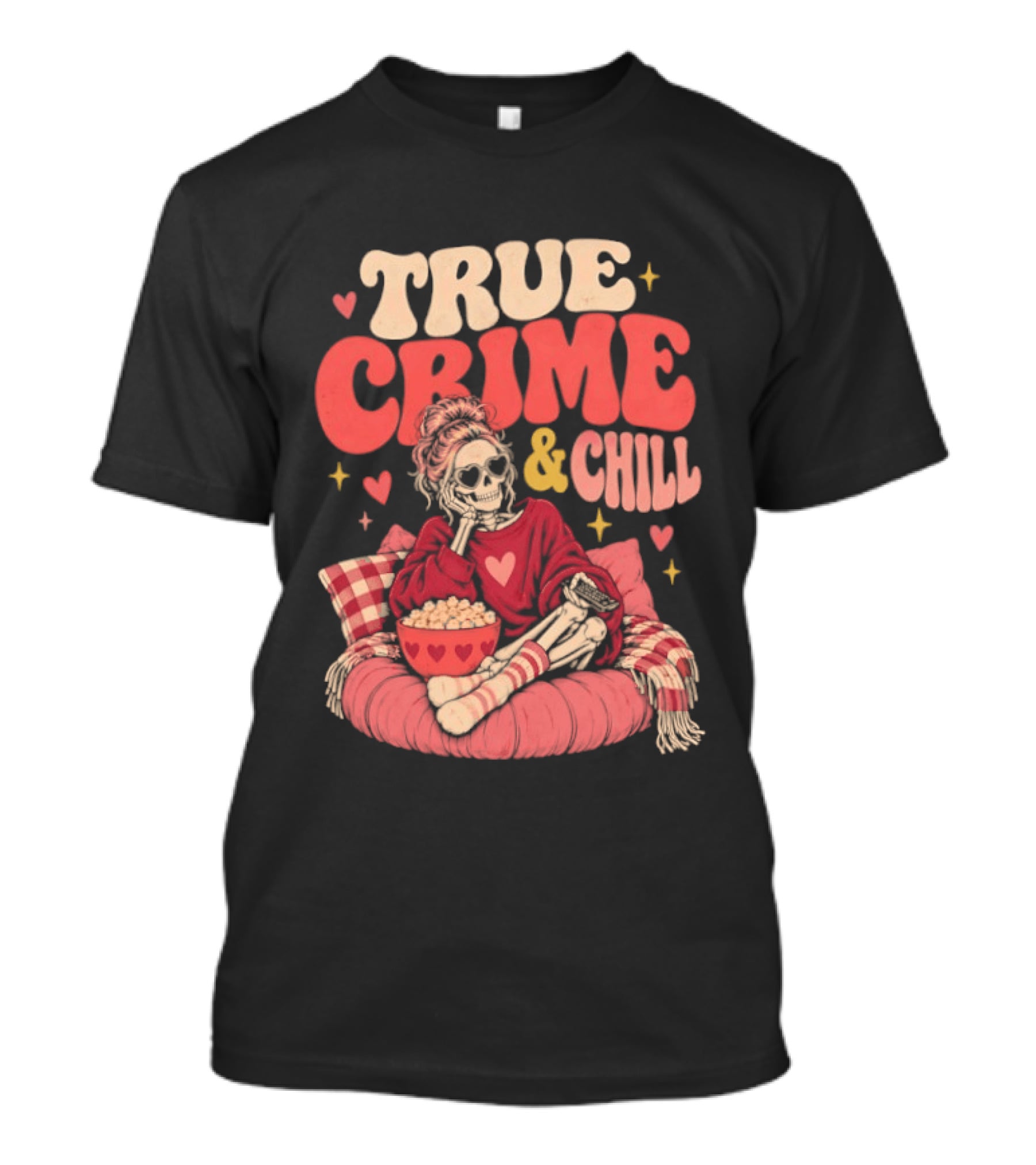 True Crime & Chill Skeleton Halloween 2026 Cozy Popcorn Vibes T-Shirt