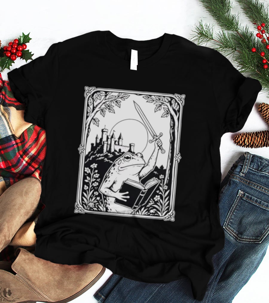 Warrior Frog Reading Book With Sword And Castle In Black And White Scene T-Shirt