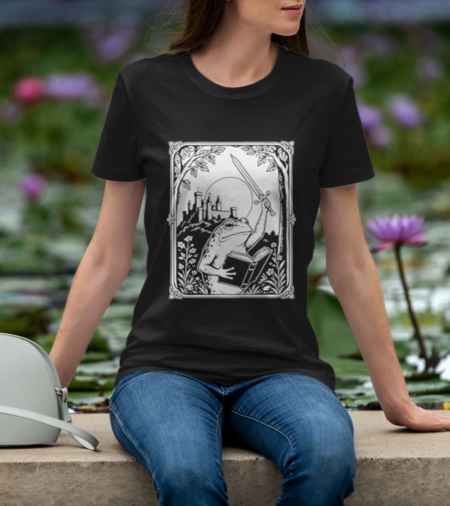 Warrior Frog Reading Book With Sword And Castle In Black And White Scene T-Shirt
