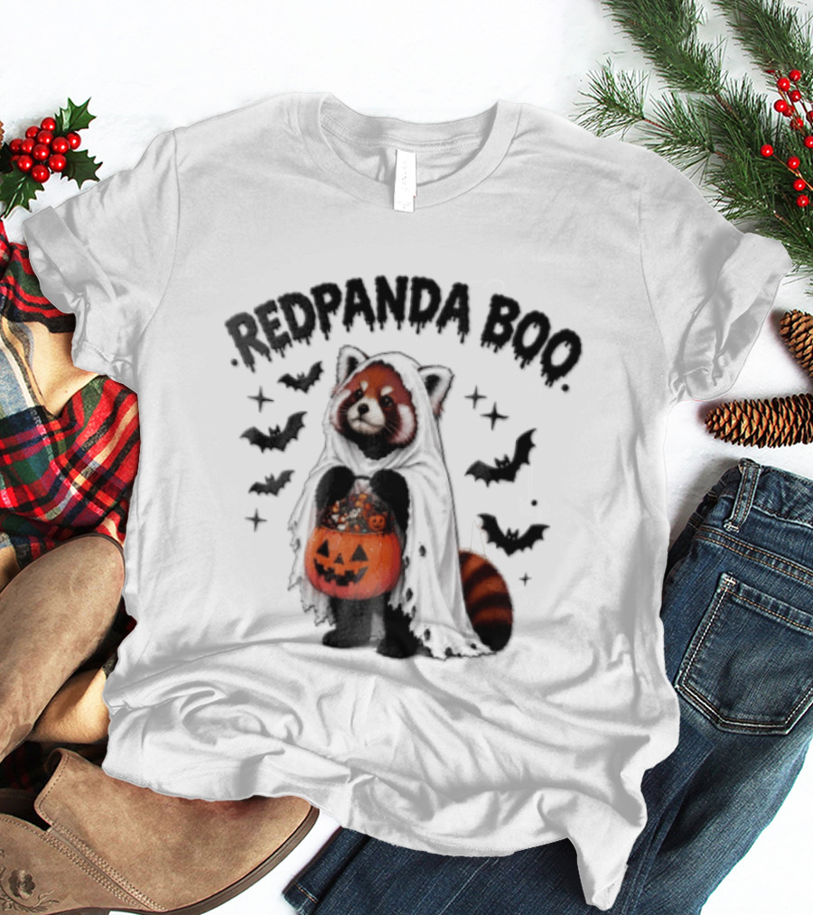 Redpanda Boo Cute Red Panda Costume With Pumpkin Candy Bucket And Bats T-Shirt