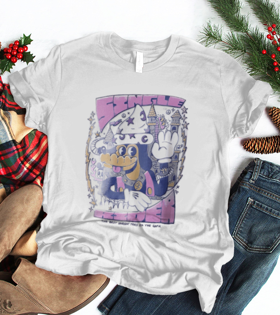 Single Rider Cartoon Dog Wizard With Hat And Spiked Collar Retro Fantasy Scene T-Shirt
