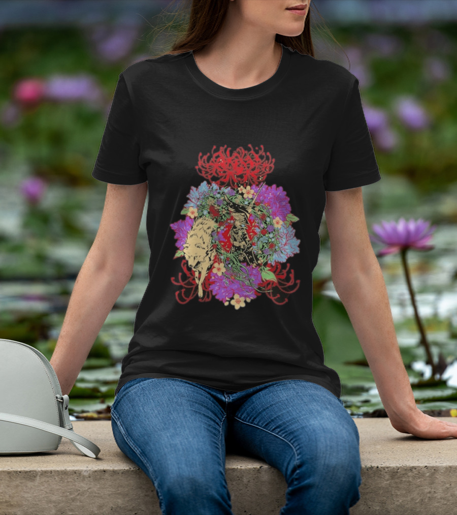 Beast Of Reincarnation Blooming Artistic Floral Samuraи Wolf Fusion T-Shirt