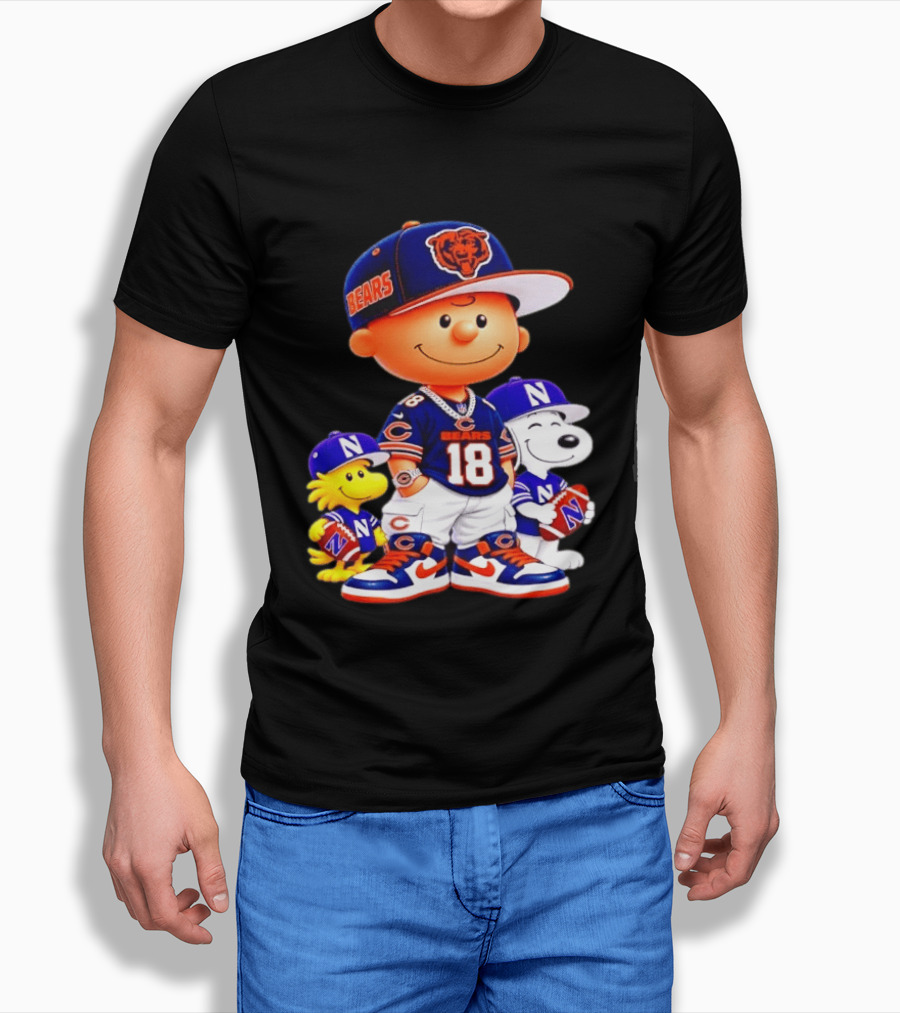 Charlie Brown And Snoopy Chicago Bears 18 With Woodstock In Football Gear T-Shirt