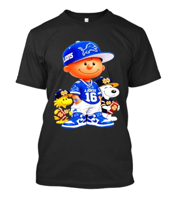 Charlie Brown Snoopy Woodstock Detroit Lions 16 Jersey Notre Dame Iconic Peanuts Characters T-Shirt