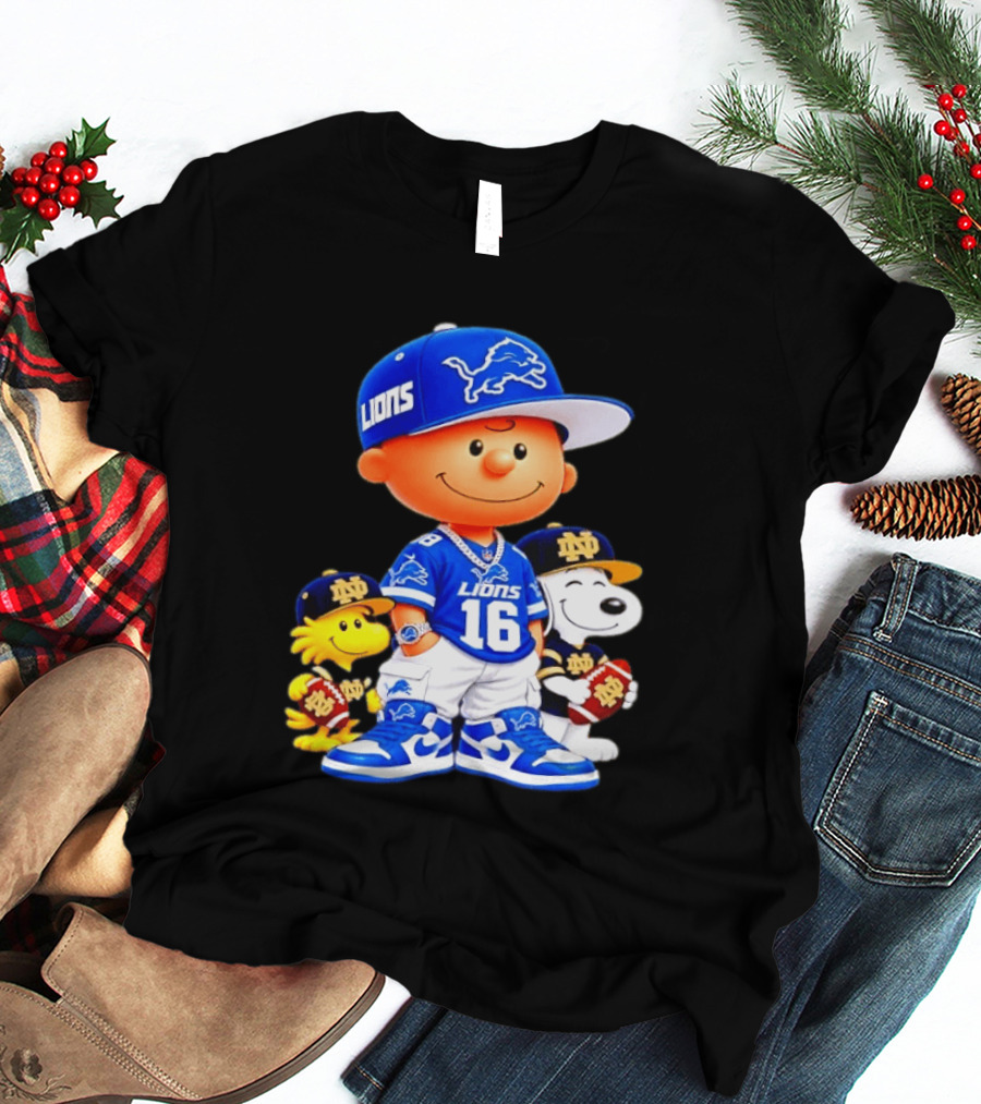 Charlie Brown Snoopy Woodstock Detroit Lions 16 Jersey Notre Dame Iconic Peanuts Characters T-Shirt