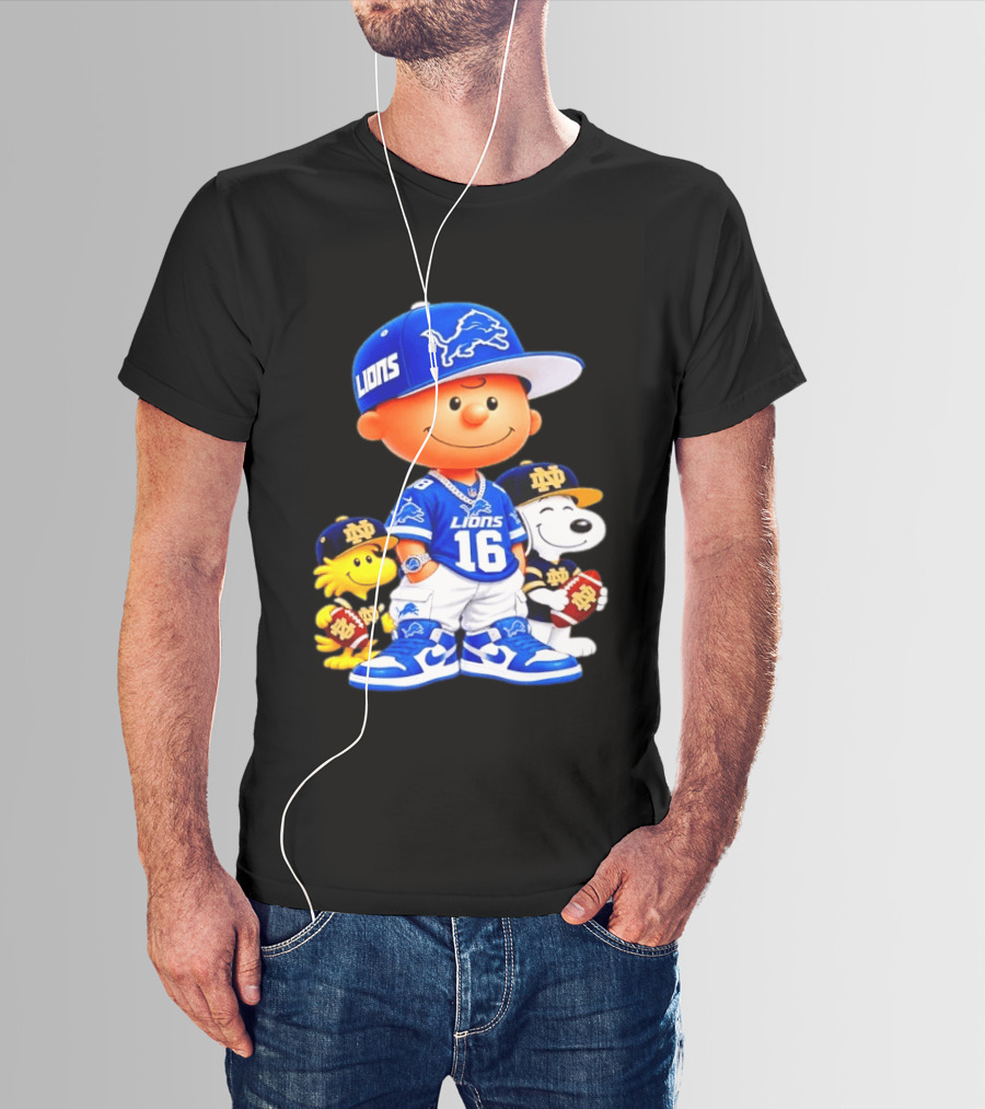Charlie Brown Snoopy Woodstock Detroit Lions 16 Jersey Notre Dame Iconic Peanuts Characters T-Shirt