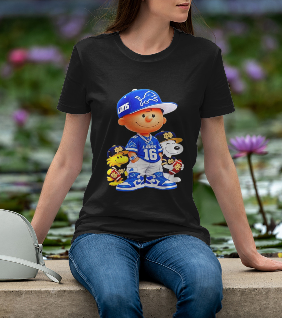 Charlie Brown Snoopy Woodstock Detroit Lions 16 Jersey Notre Dame Iconic Peanuts Characters T-Shirt