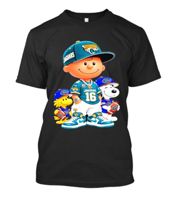 Charlie Brown With Snoopy And Woodstock Jacksonville Jaguars 16 Jersey Peanuts Football Fan Gear T-Shirt