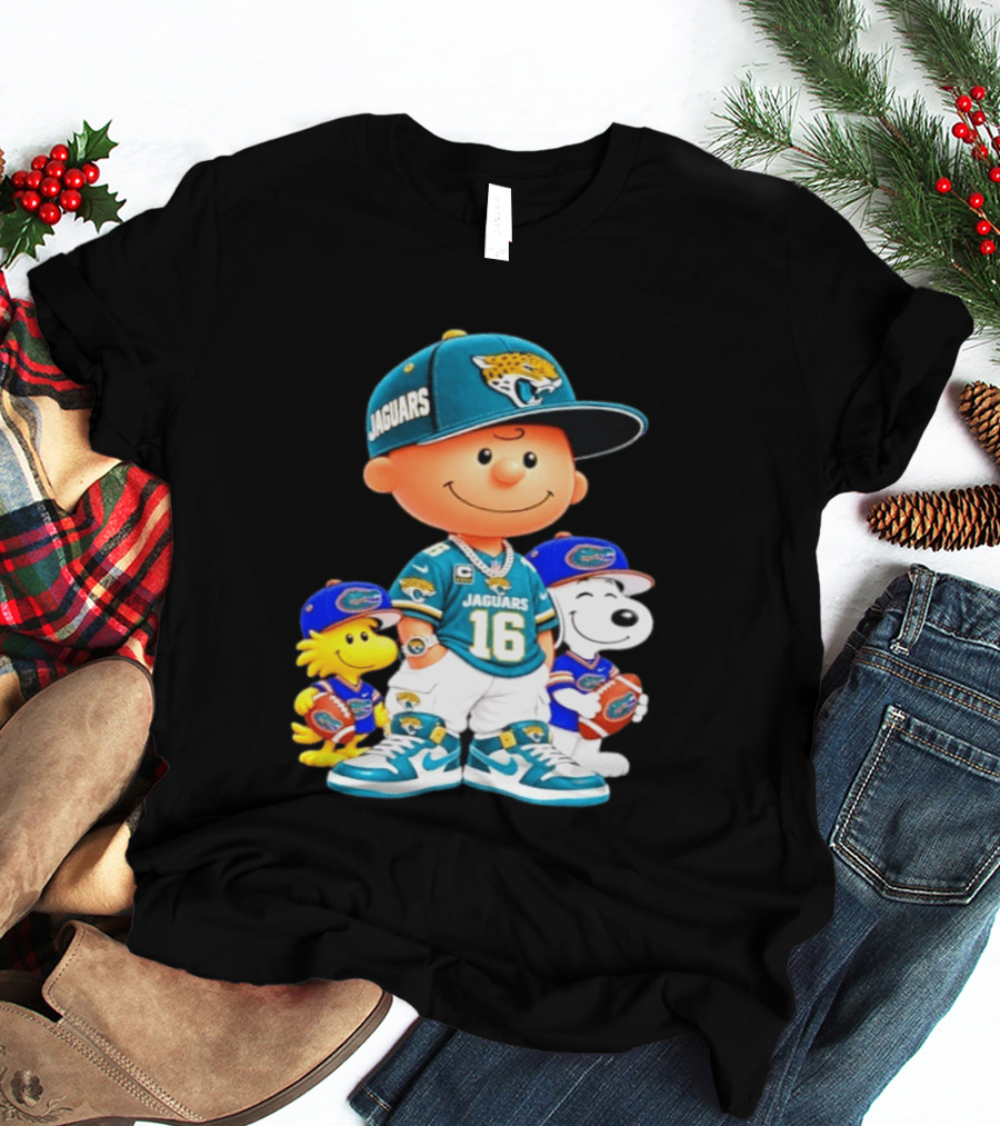 Charlie Brown With Snoopy And Woodstock Jacksonville Jaguars 16 Jersey Peanuts Football Fan Gear T-Shirt