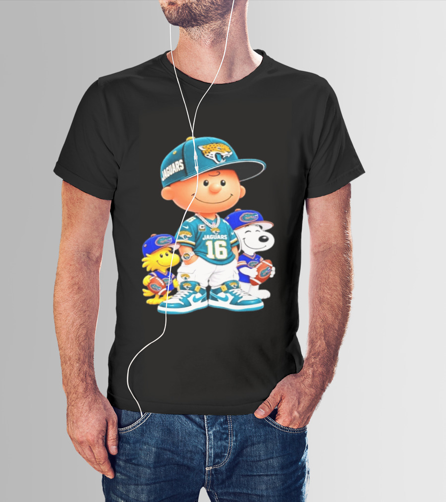Charlie Brown With Snoopy And Woodstock Jacksonville Jaguars 16 Jersey Peanuts Football Fan Gear T-Shirt