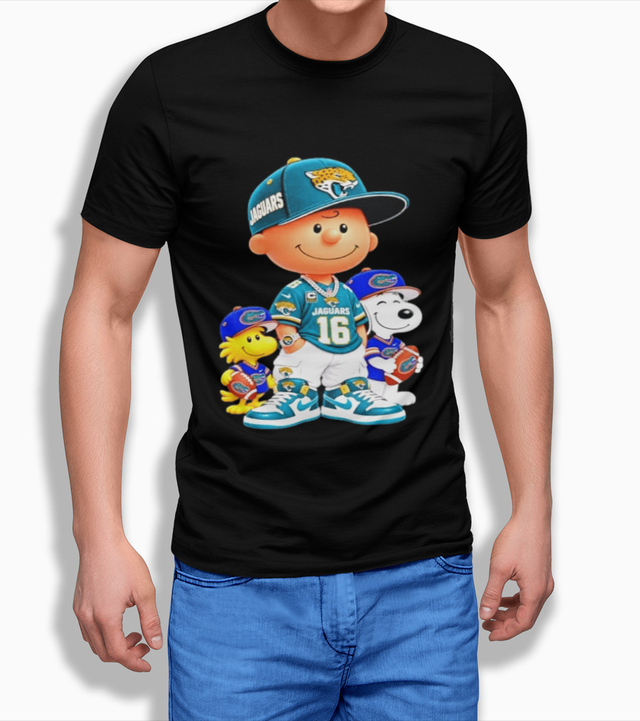 Charlie Brown With Snoopy And Woodstock Jacksonville Jaguars 16 Jersey Peanuts Football Fan Gear T-Shirt