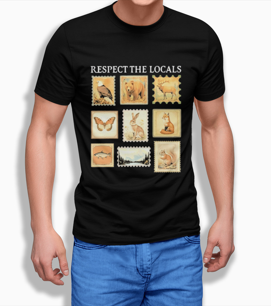 Respect The Locals Wildlife Stamp Collection With Bear Fox And Eagle T-Shirt