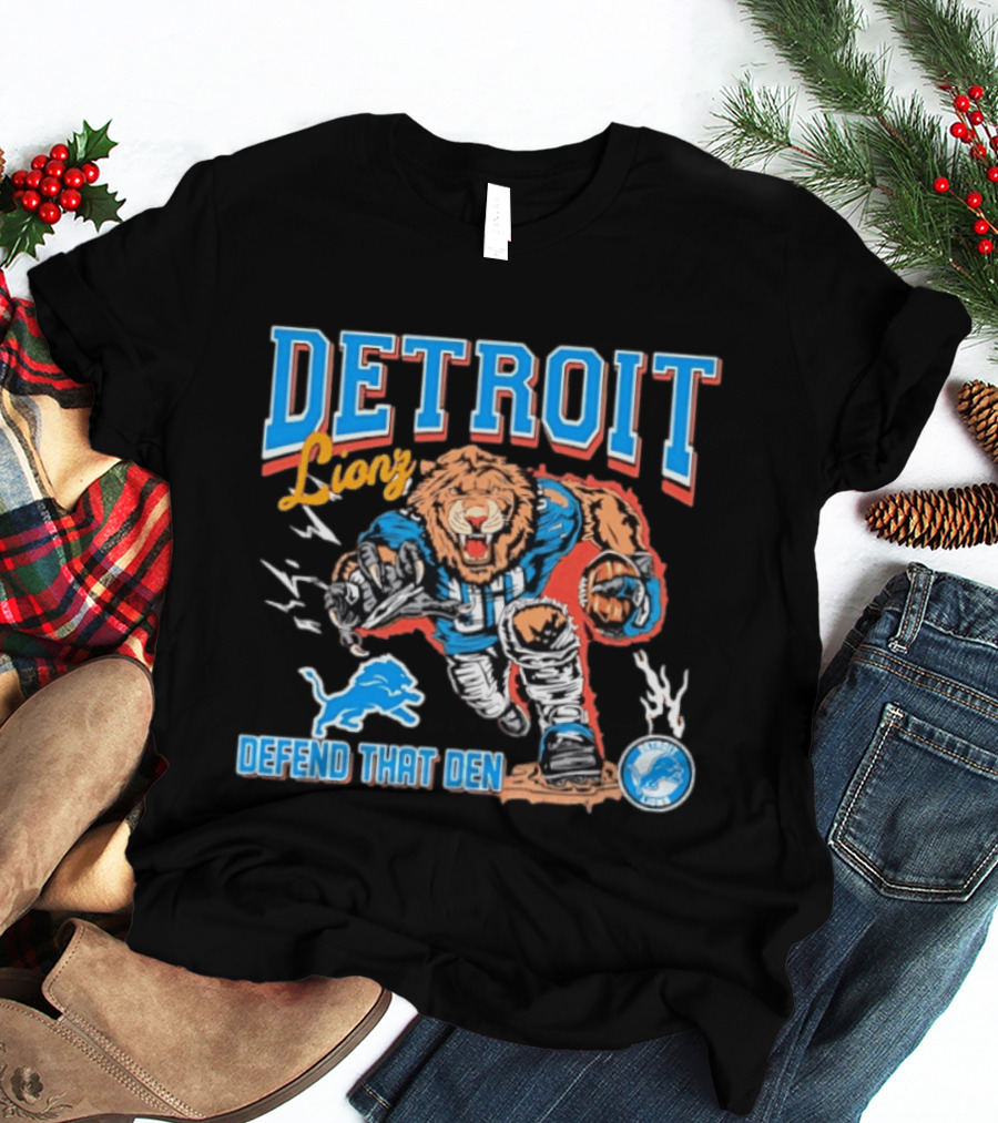 Detroit Lions Defend That Den Football Mascot Roaring Lion Action T-Shirt