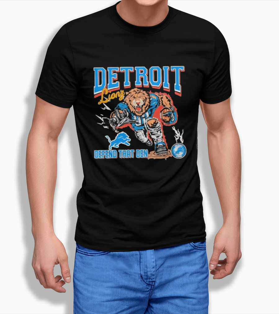 Detroit Lions Defend That Den Football Mascot Roaring Lion Action T-Shirt