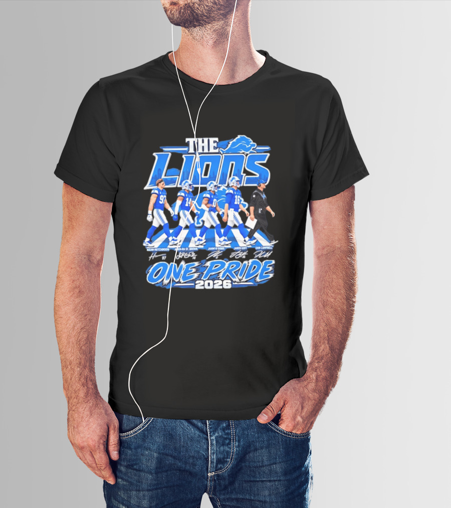 Detroit Lions The Lions One Pride Abbey Road 2026 Aidan Hutchinson Jahmyr Gibbs Jared Goff Dan Campbell T-Shirt