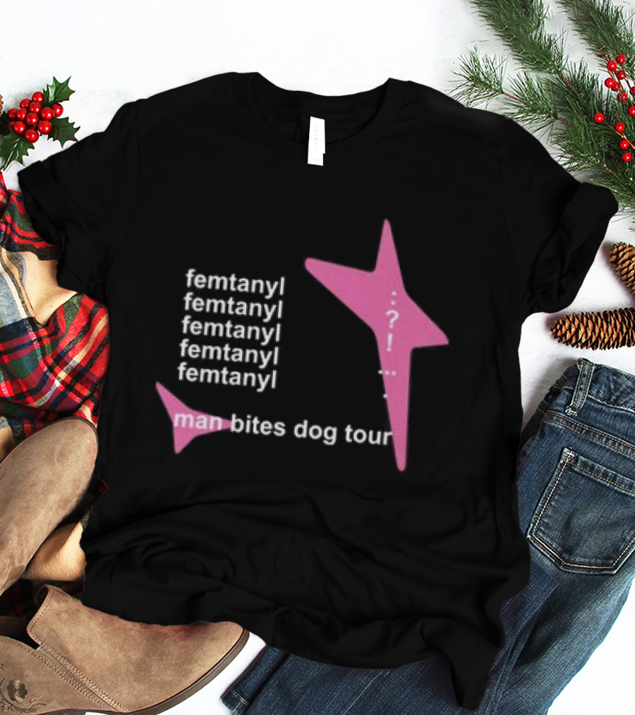 Femtanyl Man Bites Dog Tour Five Times Repeat Text Pink Question Mark T-Shirt
