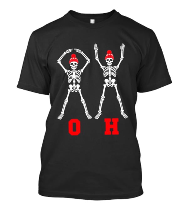 Ohio Skeleton Couple Halloween With Red Hats O H Formation T-Shirt
