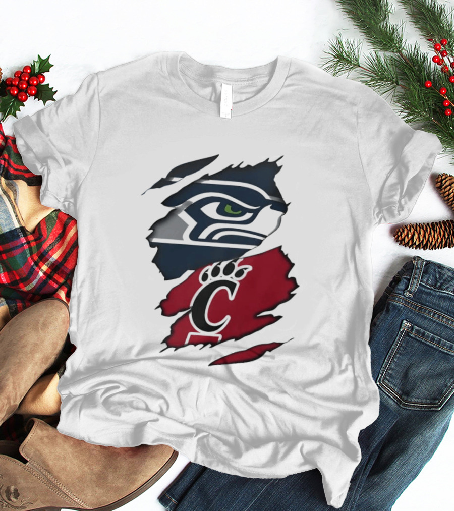 Seattle Seahawks Cincinnati Bearcats Ripped Fabric Fan T-Shirt
