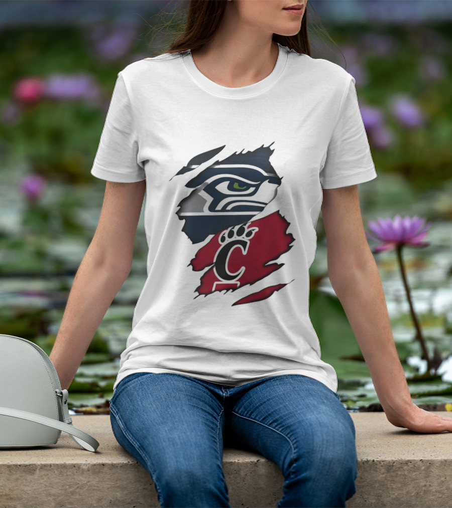 Seattle Seahawks Cincinnati Bearcats Ripped Fabric Fan T-Shirt
