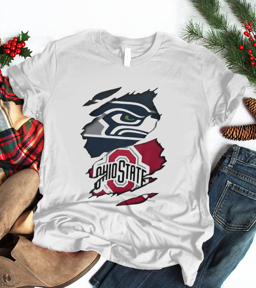 Seattle Seahawks Ohio State Buckeyes Distressed Logo Fusion T-Shirt