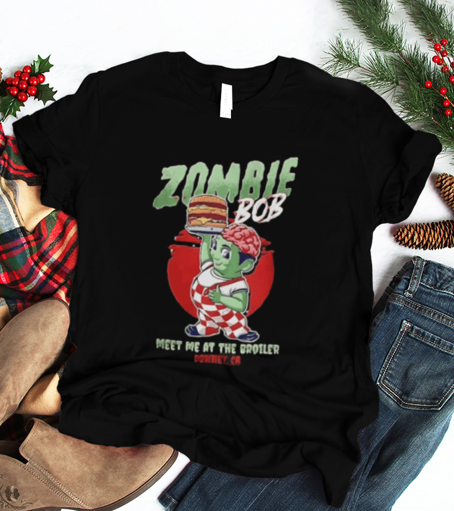 Zombie Bob Meet Me At The Broiler Downey CA Green With Exposed Brain T-Shirt