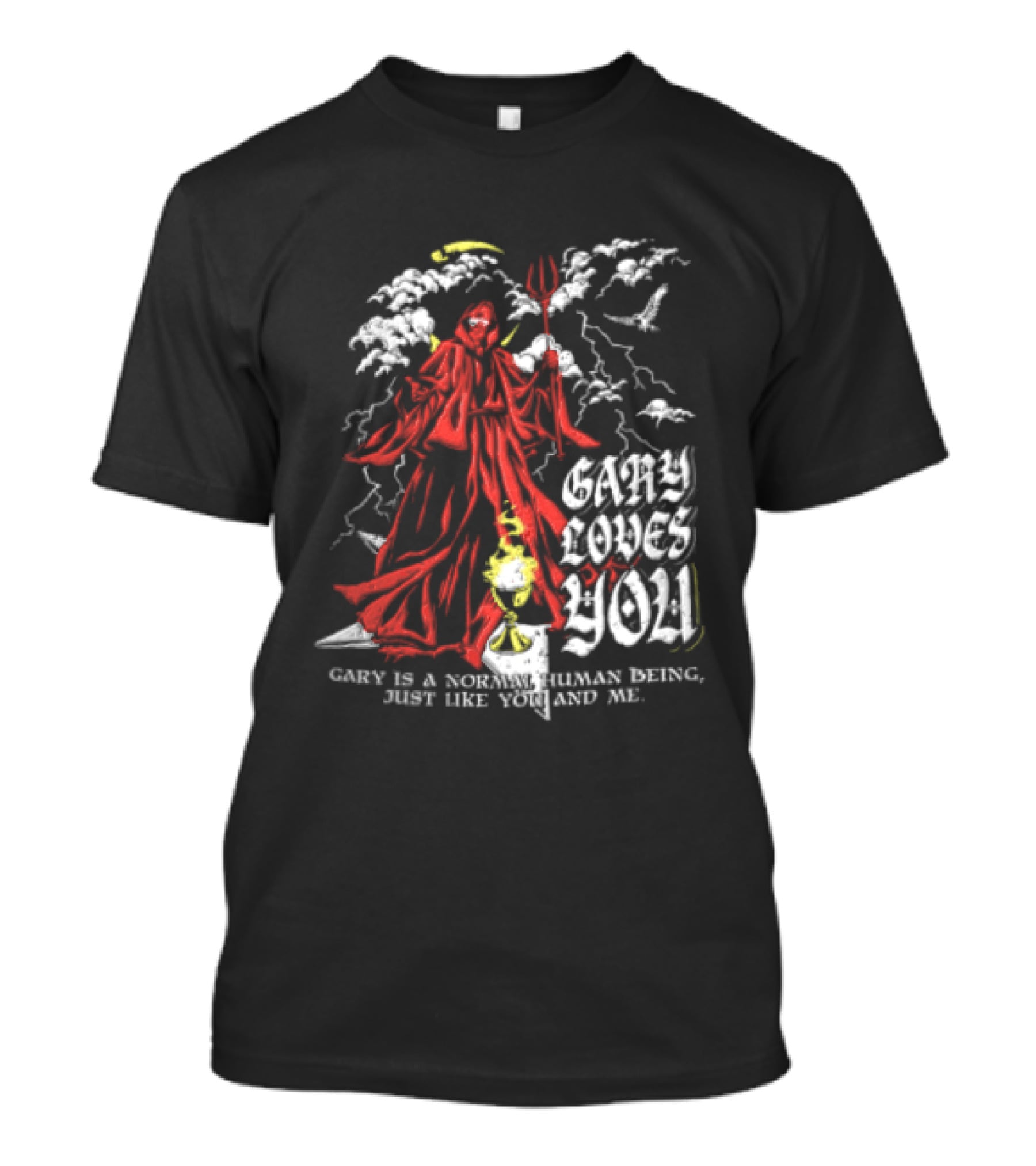 Gary Loves You Gary Is A Normal Human Being Just Like You And Me Red Cloaked Figure With Lightning And Clouds T-Shirt