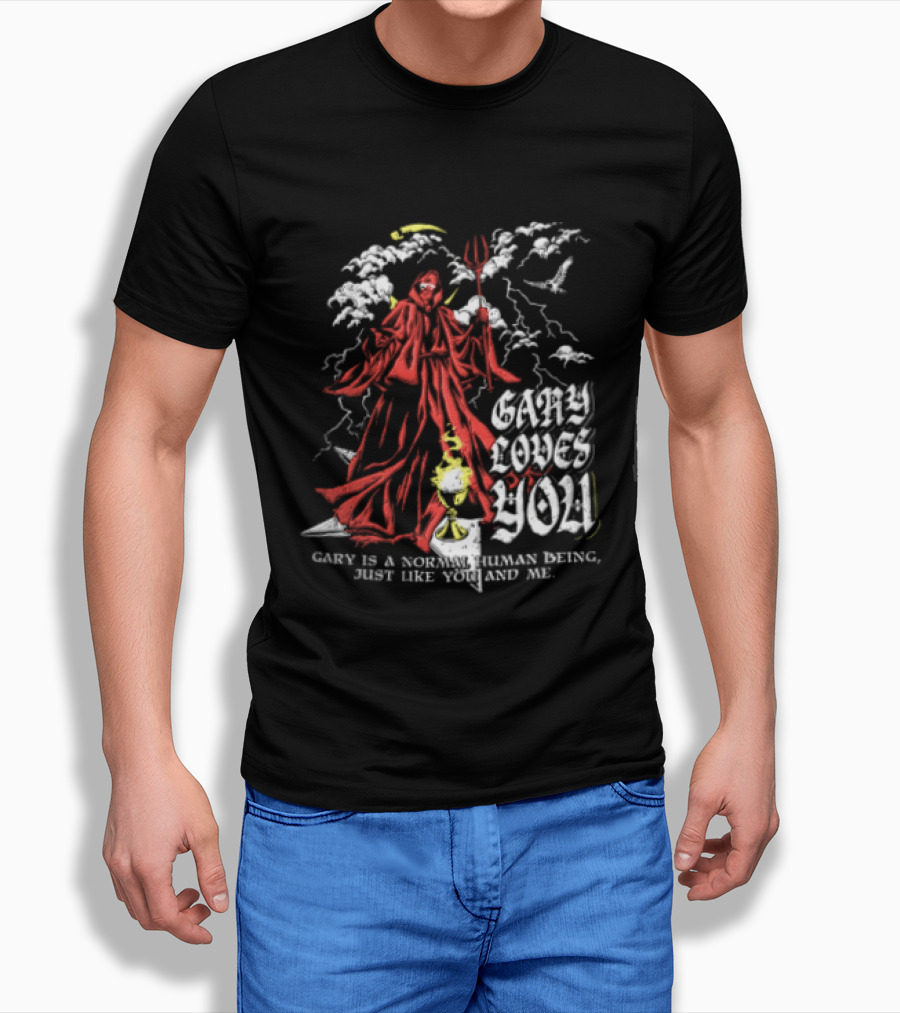 Gary Loves You Gary Is A Normal Human Being Just Like You And Me Red Cloaked Figure With Lightning And Clouds T-Shirt