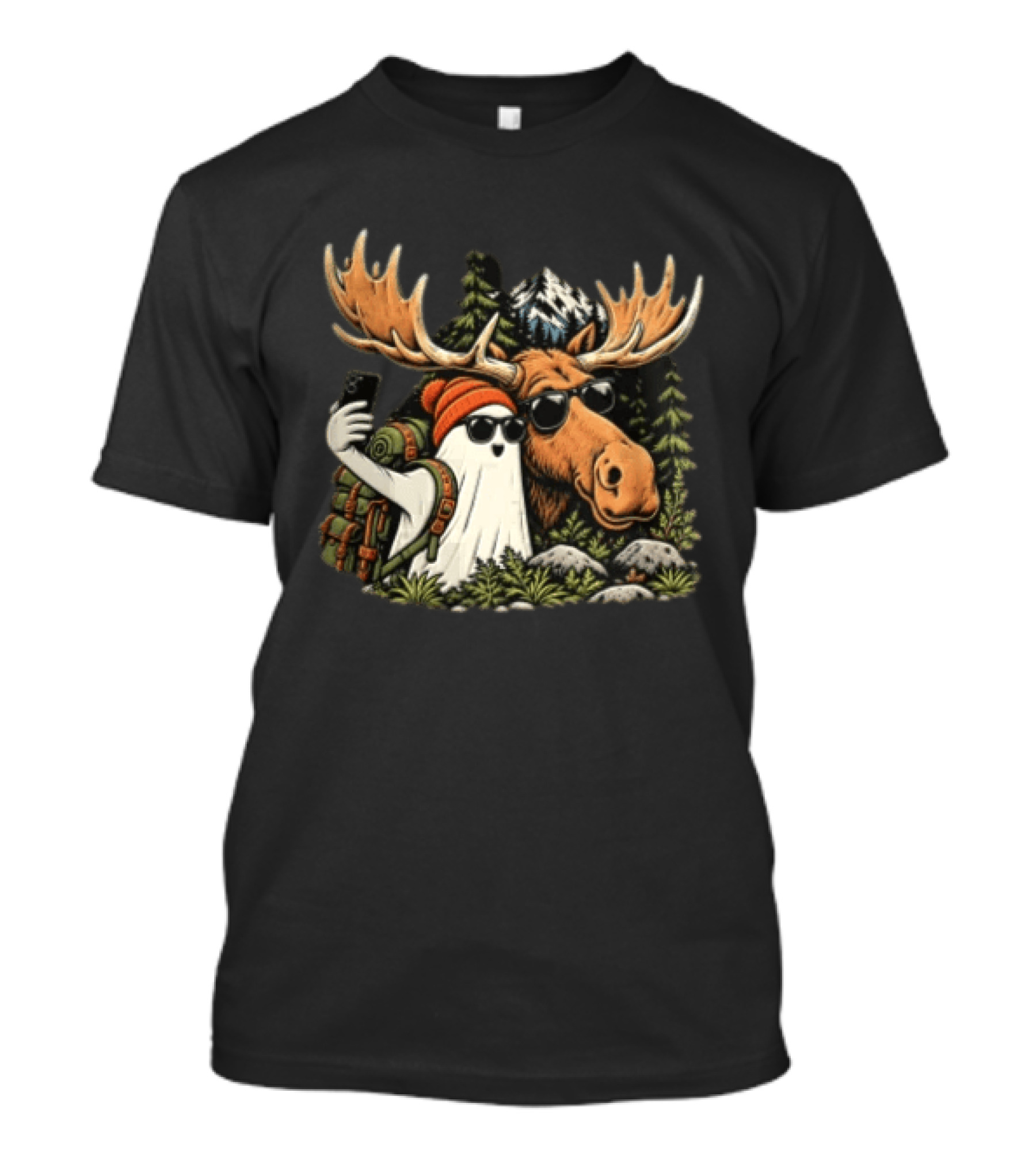 Ghost Backpack Selfie With Moose In Forest Adventure Scene T-Shirt