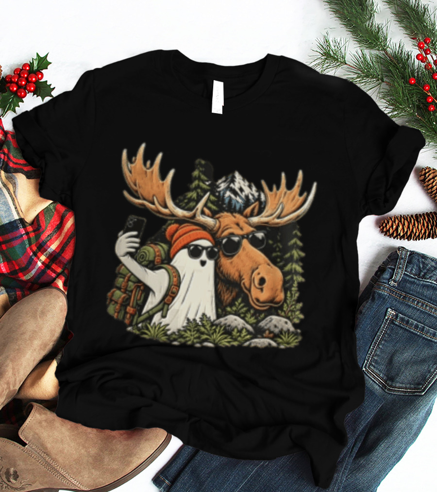Ghost Backpack Selfie With Moose In Forest Adventure Scene T-Shirt