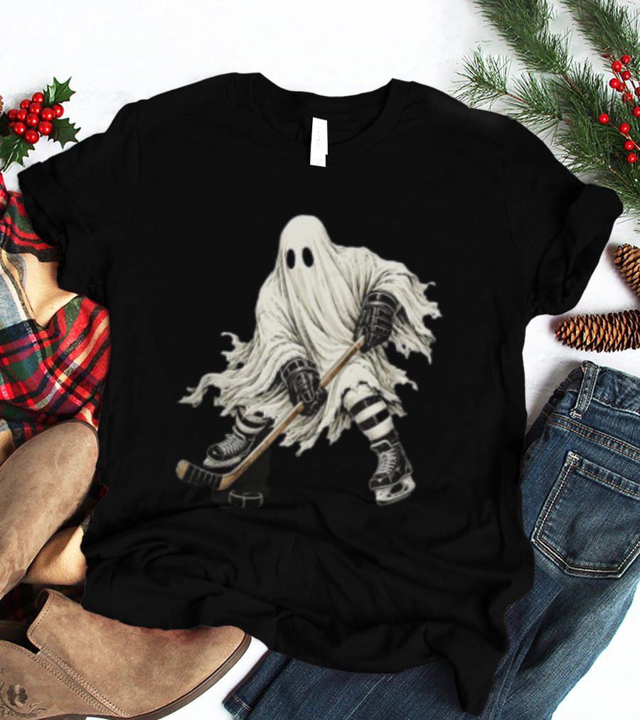 Halloween Ghost Playing Ice Hockey Costume Fun T-Shirt