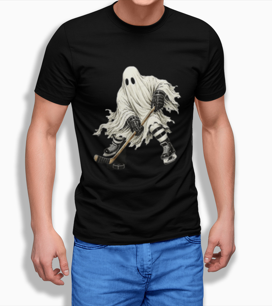 Halloween Ghost Playing Ice Hockey Costume Fun T-Shirt