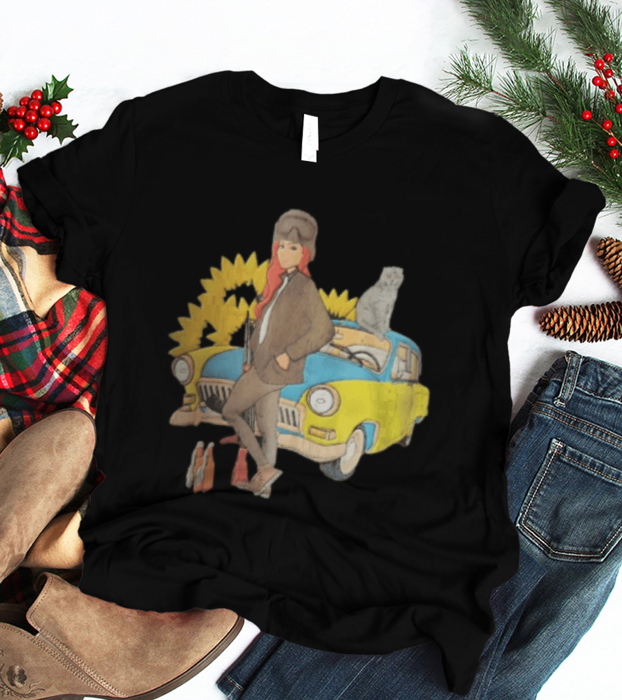 Woman Soldier With Cat On Vintage Car And Sunflowers T-Shirt